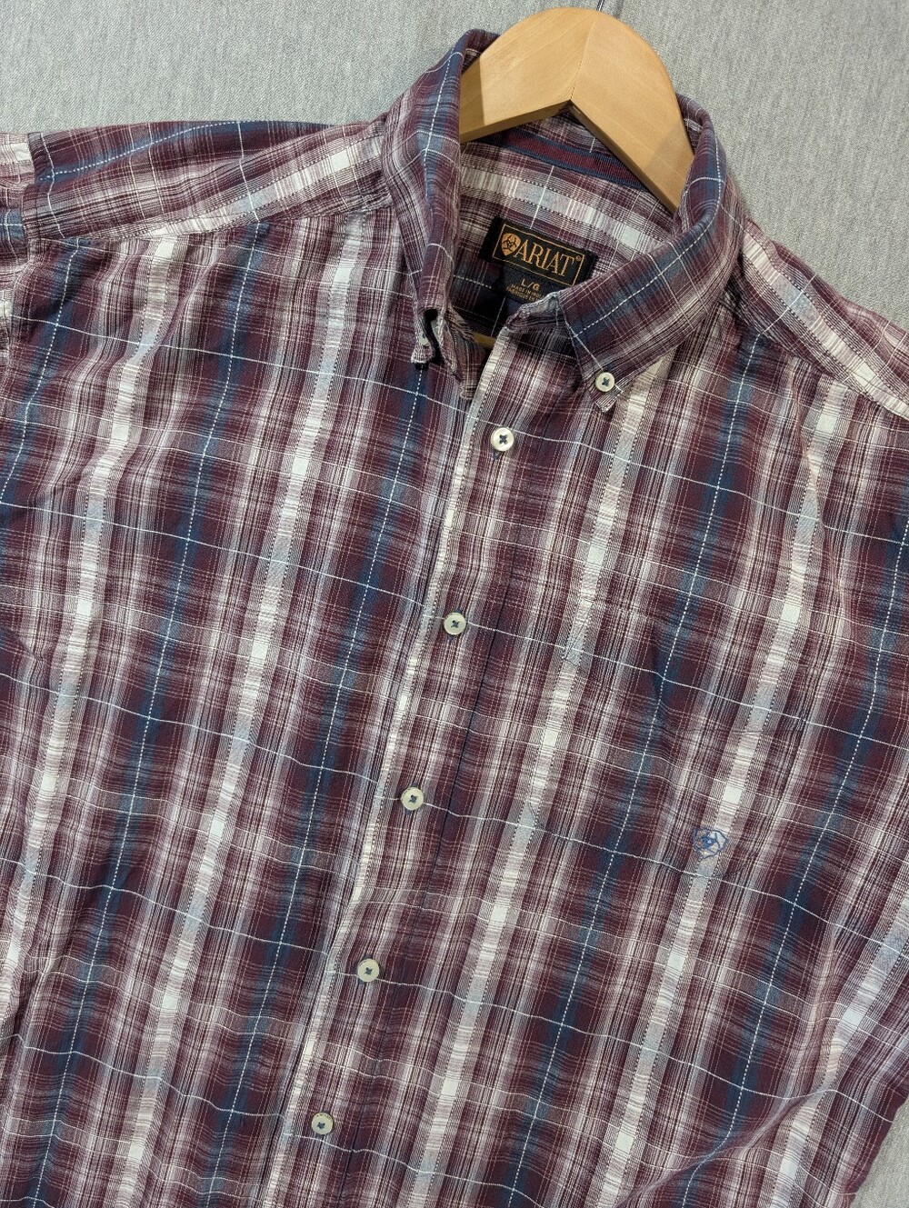 Ariat Plaid Button Western Shirt Men's Large Purple White Cotton Long Sleeve